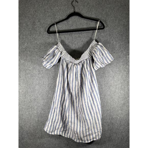 Cynthia Rowley Dress Women XS Blue‎ Striped Off The Shoulder Smocked Mini Linen - Picture 1 of 6
